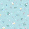 Seamless pattern jellyfish, fish and bubbles background Royalty Free Stock Photo