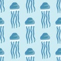 Seamless pattern jellyfish on light blue background. Simple ornament with sea animals Royalty Free Stock Photo