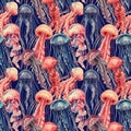 Seamless pattern with jellyfish. Marine background. watercolor illustration Royalty Free Stock Photo