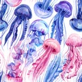 Seamless pattern with jellyfish. Marine background. watercolor illustration Royalty Free Stock Photo