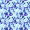Jellyfish. Marine blue background. watercolor illustration. Seamless pattern Royalty Free Stock Photo
