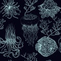 Seamless pattern with jellyfish,tropical fish, marine plants and corals. Vintage hand drawn vector illustration marine life