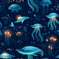 Seamless pattern with jellyfishes on the dark blue background