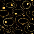 Seamless pattern with jewelry. Gold womens jewelry on black background. Chain, bracelet, beads, pendant, ring, beads. Fabric