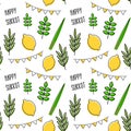Seamless pattern for Jewish holiday Sukkot . seamless background. Repeating texture with etrog, lulav, Arava, Hadas Royalty Free Stock Photo
