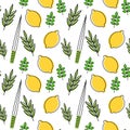 Seamless pattern for Jewish holiday Sukkot . seamless background. Repeating texture with etrog, lulav, Arava, Hadas