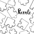 Seamless pattern with jigsaw puzzle pieces and lettering on white background. Simple hand drawn vector illustration Royalty Free Stock Photo