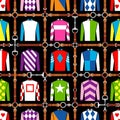 Seamless pattern jockey uniform. Traditional design. Silk. Harness, bridle, harness, belt. Horse racing fashion. Vector