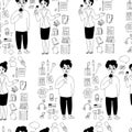 Seamless pattern with journalism profession. woman journalist and male reporter with microphone, megaphone, voice