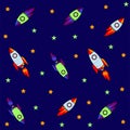 Seamless pattern for journey to space with sketch stars, rocket, comets, planets and ufo, vector