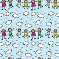 Seamless pattern with joyful kids and clouds hand-drawn. Royalty Free Stock Photo