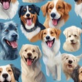 Seamless pattern with a joyful and playful collection of happy dogs in various poses and expressions