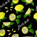 Seamless pattern, juicy lemons whole and in a cut on a black background Royalty Free Stock Photo