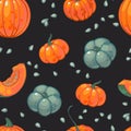 Seamless pattern with juicy ripe orange and green pumpkins, seeds and pumpkin slices on a dark background.