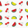 Seamless pattern of juicy slices of red and yellow watermelon and cherries. Concept of Hello Summer Royalty Free Stock Photo