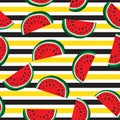 Seamless pattern of juicy slices of watermelon and horizontal stripes. Fruit abstract background, vector illustration Royalty Free Stock Photo