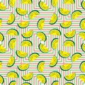 Seamless pattern of juicy slices of yellow watermelon and colored geometric squares. Concept of Hello Summer Royalty Free Stock Photo