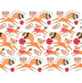 Seamless pattern with jumping funny foxes and orange kittens isolated on white background
