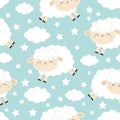 Seamless Pattern. Jumping sheep. Cloud star in the sky. Cute cartoon kawaii funny smiling sleeping baby character. Wrapping paper