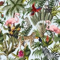 Seamless pattern with jungle animals, flowers and trees. Vector.