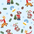 Seamless pattern with jungle animals. Koala bear, sloth and giraffe with Christmas elements on blue background. Royalty Free Stock Photo