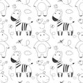 Seamless pattern of jungle animals zebra, hippo, bird. tropical trees and leafs print. funny linear drawings. Cute Royalty Free Stock Photo