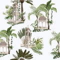 Seamless pattern with jungle trees and ancient arbor. Vector.