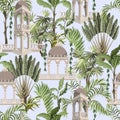 Seamless pattern with jungle trees and ancient arbor. Vector.