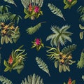 Seamless pattern with jungle trees and flowers. Vector.