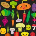 Seamless pattern Kawaii bell peppers, pumpkin beets carrots, eggplant, red hot peppers, cauliflower, broccoli, potatoes, mushrooms Royalty Free Stock Photo