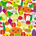 Seamless pattern Kawaii bell peppers, pumpkin beets carrots, eggplant, red hot peppers, cauliflower, broccoli, potatoes, mushrooms Royalty Free Stock Photo