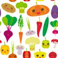 Seamless pattern Kawaii bell peppers, pumpkin beets carrots, eggplant, red hot peppers, cauliflower, broccoli, potatoes, mushrooms Royalty Free Stock Photo