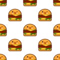 Seamless pattern with kawaii burger on white background Flat design Vector Illustration