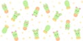 Seamless pattern with kawaii cactus characters on a white background with yellow stars