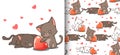 Seamless pattern kawaii cats is looking heart