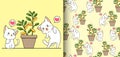 Seamless pattern kawaii cats and money tree in vase
