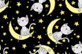 Seamless Pattern Cute Cats Sleeping, Cartoon Animals Background, Vector Illustration. Good Night Collection Royalty Free Stock Photo