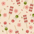 Seamless pattern with kawaii dango and sakura flowers. Vector graphics