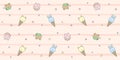 Seamless pattern with kawaii dessert pets on a striped pink background with small stars