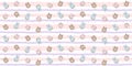 Seamless pattern with kawaii donut characters in the form of animals on a striped background with gray polka dots