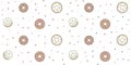 Seamless pattern with kawaii donut characters on a white background with small stars and dots