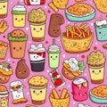 Seamless pattern with kawaii fast food. Vector illustration Royalty Free Stock Photo