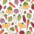 Baby cute texture. Seamless pattern of kawaii food. Cartoon vegetables funny characters smiling at kids.