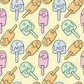 Seamless pattern Kawaii funny Ice cream. Green, pink, cream . Vector illustration