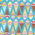 Seamless pattern Kawaii funny Ice cream waffle cone, muzzle with pink cheeks and winking eyes, pastel colors on blue background. Royalty Free Stock Photo