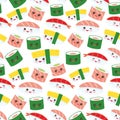 Seamless pattern Kawaii funny sushi rolls set with pink cheeks and big eyes, emoji Baby japanese background isolated on white. Vec