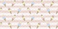 Seamless pattern with kawaii ice cream cones characters on a light beige striped background with polka dots