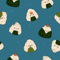 Seamless pattern with kawaii onigiri on a blue background. Vector graphics