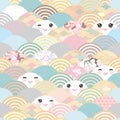 Seamless pattern Kawaii with pink cheeks and winking eyes simple Nature background with japanese sakura flower, rosy pink Cherry,