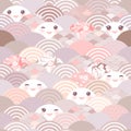 Seamless pattern Kawaii with pink cheeks and winking eyes simple Nature trend background with japanese sakura flower, rosy pink